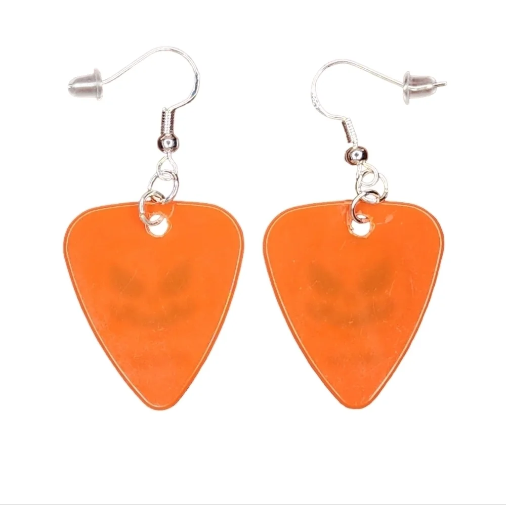 Orange Spooky Pumpkin Guitar Pick Earrings Sterling Silver with Gift Bag